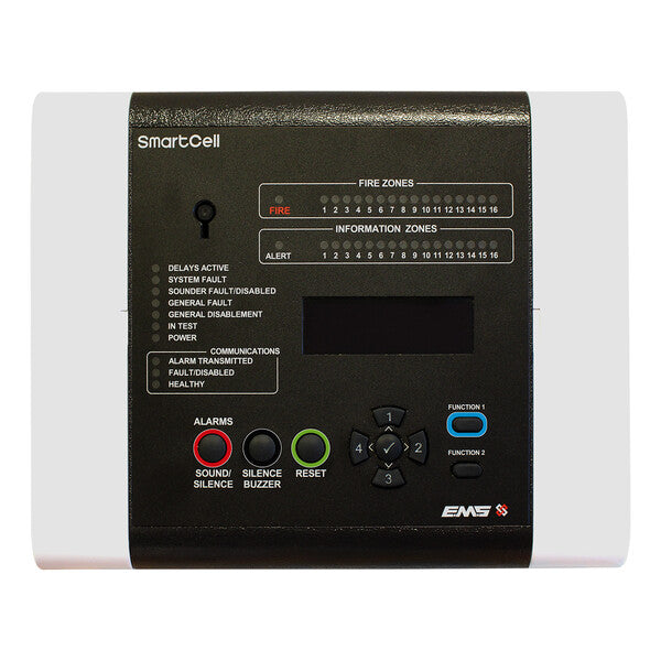 An EMS SmartCell fire alarm control panel with a black faceplate and white side casing, featuring various buttons, zones, and status indicators.